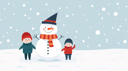 Happy Children Building a Snowman in Winter Wonderland, Smiling Kids in Warm Clothes, Cute Snowman with Scarf, Snowfall in Background, Fun Family Holiday Activity, Festive Seasonal Illustration