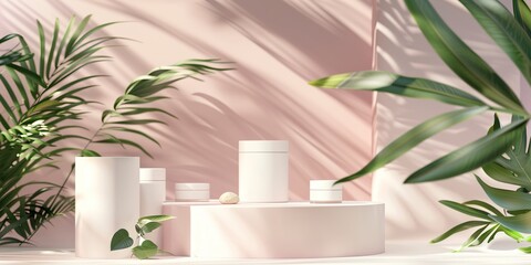 Render, modern, light pink background, 3D stage set design, no products on the table, empty product display, empty beauty product display, cylindrical display, generative ai