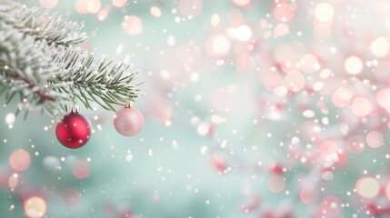 Fototapeta premium Snowy Pine Branch with Red and Pink Christmas Ornaments and Festive Bokeh Lights Background