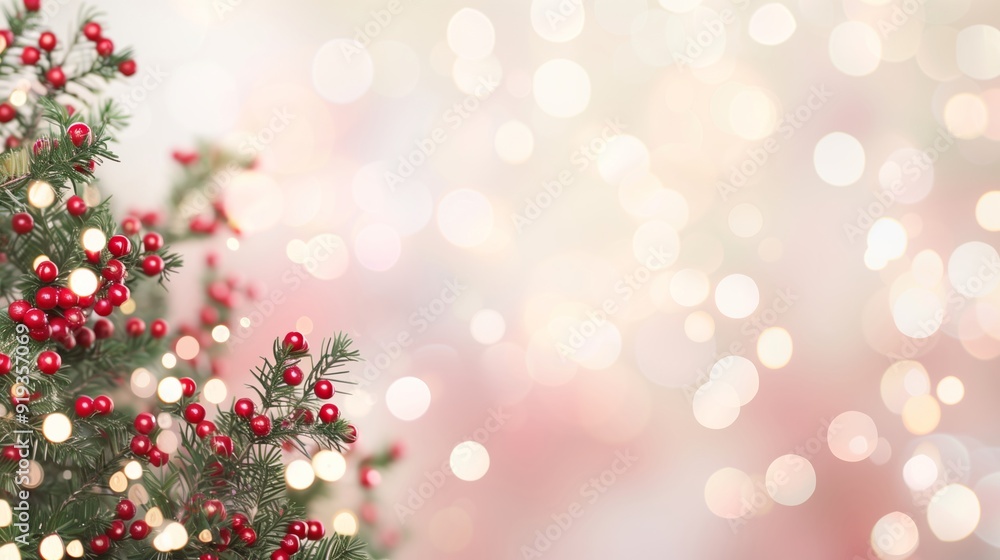 Poster festive christmas tree branches with red berries and soft bokeh lights background