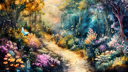 Obraz premium Detailed watercolor of an enchanting garden landscape with shimmering plants, magical pathways, and whimsical beings