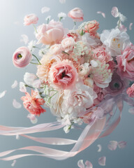 Romantic Pink and Peach Wedding Bouquet with Falling Petals
