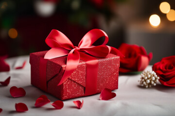 Obraz premium Romantic Red Gift Box with Roses and Heart Petals