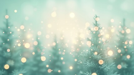 Festive Christmas Forest Background with Blurred Lights and Pine Trees in Soft Green and Gold Tones, Holiday Celebration, Winter Wonderland Scene