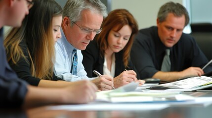 Generate a photo realistic image of managers and employees reviewing workplace safety policies, with policy documents, safety committee meeting, and policy implementation strategies visible