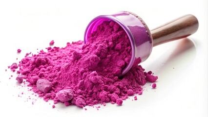 Vibrant pink-purple ALA powder pigment spills from a small scoop onto a white Background, casting a subtle shadow, highlighting its fine texture and color intensity.