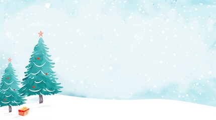 Two Christmas Trees and Present on Snowy Landscape with Blue Sky and Falling Snowflakes