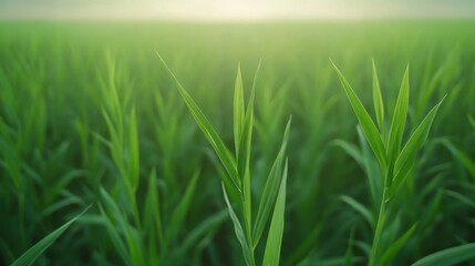 Fototapeta premium A field of green grass with a few leaves on the top