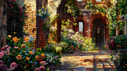 Idyllic watercolor of a courtyard garden, colorful flowers, brick walls, warm evening light ,Ultra-High Detail, Ultra-Realistic