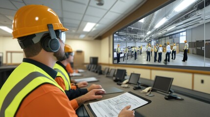 Generate a photo realistic image of new employees undergoing safety training orientation, with safety induction materials, trainers, and safety quizzes visible; ensure the image is of high resolution