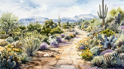 Idyllic watercolor of a desert garden, saguaro cacti, blooming wildflowers, warm evening light ,Ultra-High Detail, Ultra-Realistic