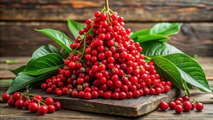 Vibrant red schisandra berries arranged in a decorative pyramid on a rustic wooden surface, surrounded by lush green leaves and twigs, evoking natural wellness.