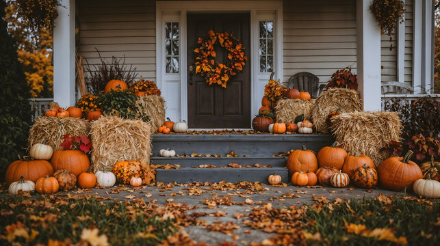 Cozy Autumn Porch with Pumpkins and Hay Bales in Warm Fall Decor