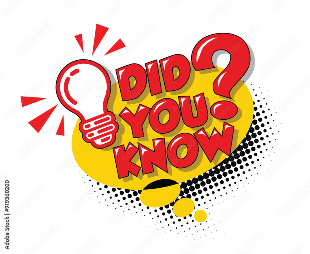 Poster did you know speech bubble label design with light bulb and rays. vector in pop art style on transpa