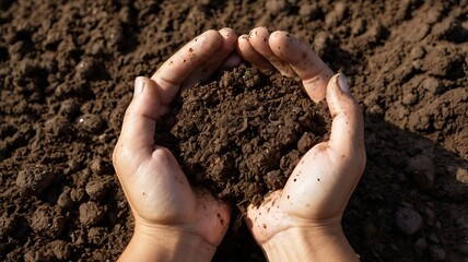 Farmer's hands holding dried soil