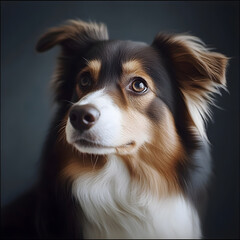 Studio portrait of a hopeful border collie dog with brown and white fur gazing upwards