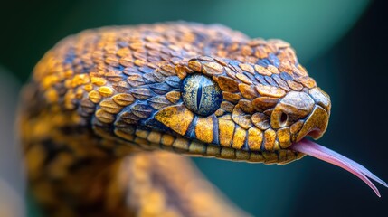Fototapeta premium A close-up of a snake's head, with intricate scale patterns and a forked tongue, capturing the detail and texture of this fascinating reptile.