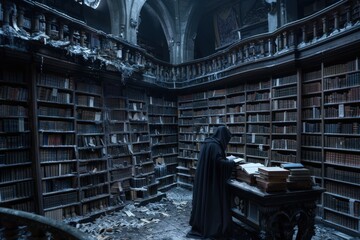 Dimly lit library with ancient bookshelves, historical tomes, and a mysterious robed figure immersed in study, giving an eerie and contemplative atmosphere.