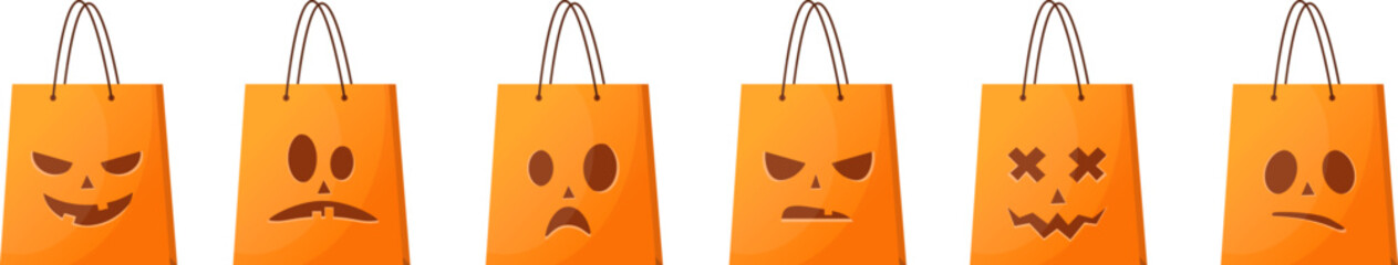 Halloween set of orange shopping bags with scary cartoon faces. funny halloween sale elements