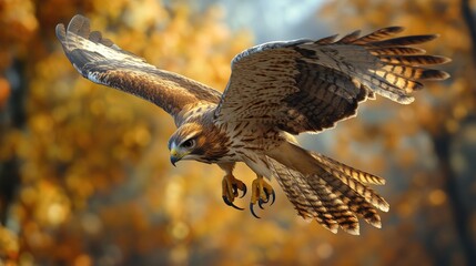 Obraz premium A hawk in mid-flight, with its talons extended and wings angled for a swift dive, showcasing the speed and precision of this bird of prey.