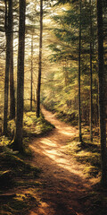 Obraz premium Serene forest path illuminated by warm sunlight