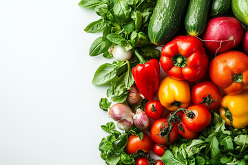 Vegetables on table top view with copy space flat lay healthy food composition, exploring fresh vegetables herbs spices olive oil on marble, healthy cooking concept.