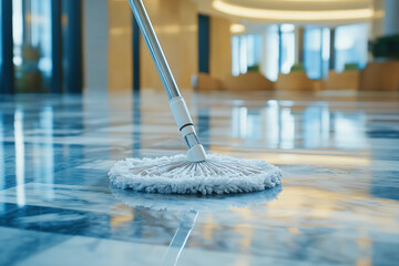 A mop in use, ensuring thorough cleanliness on the marble floor of a corporate lobby