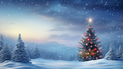 Obraz premium Beautiful Christmas and New Year's background with decorated Christmas tree in fluffy snowdrifts against background of evening winter forest, falling snow and magical sky