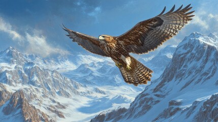 A majestic hawk soaring high above the mountains, with its wings spread wide and the sky a brilliant blue, symbolizing freedom and power.