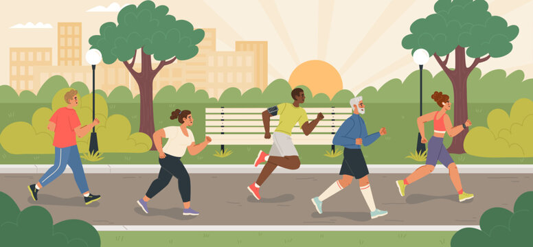 People of different age running in park during morning time