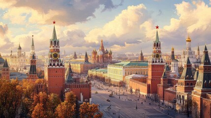 Fototapeta premium A panoramic view of the Kremlin and Red Square, with historical buildings and statues, symbolizing the rich history and power of Russia.