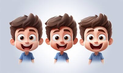 Fototapeta premium Joyful 3D Cartoon Boys: Trio of Smiling Children Characters in Vibrant Design. Creative Advertising Concept for Happy Childhood, Emotional Expression, and Youthful Energy. Playful Portrayal of Kids' H