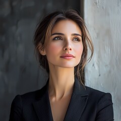 Confident young woman in a business suit, thoughtfully gazing out the window. A portrait capturing professionalism and elegance.
