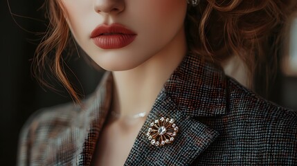 Elegant close-up of a woman's lips and blazer, showcasing a chic brooch, perfect for fashion and beauty themes.