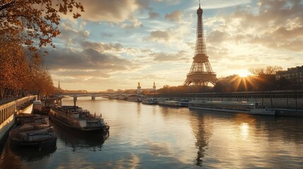 Fototapeta premium A view of the Eiffel Tower from the Seine River, with boats passing by and the tower reflecting in the calm water, showcasing the harmony of city and nature.