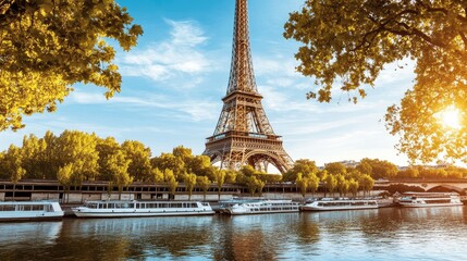 A view of the Eiffel Tower from the Seine River, with boats passing by and the tower reflecting in the calm water, showcasing the harmony of city and nature.