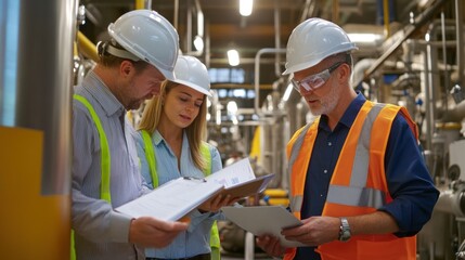 Generate a photo realistic image of safety auditors presenting audit findings to management, with audit report documents, audit summary presentation, and safety improvement recommendations visible