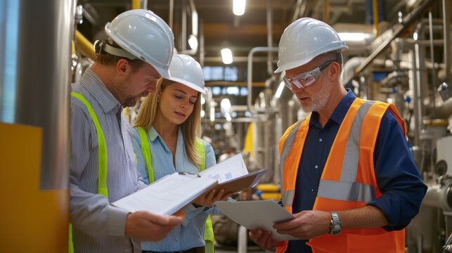 Generate a photo realistic image of safety auditors presenting audit findings to management, with audit report documents, audit summary presentation, and safety improvement recommendations visible