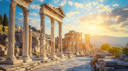 Obraz premium The ancient ruins of Ephesus, with towering columns and marble statues, set against a backdrop of rolling hills and blue skies, highlighting Trkiye's historical heritage.