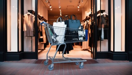 Retail Therapy Haul: A shopping cart overflowing with shopping bags, poised outside a boutique, encapsulating the thrill of a successful shopping spree. 
