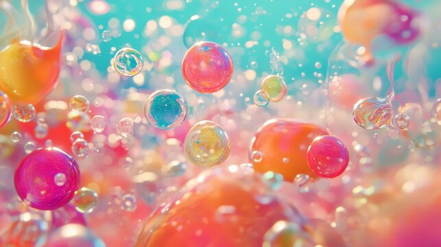 Energetic underwater landscape filled with vibrant, multicolored bubbles, floating amidst a lively Japanese animation backdrop with bright, swirling colors and shapes