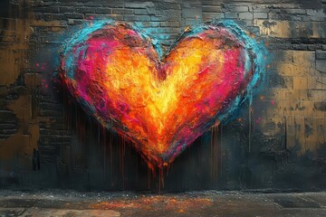 vibrant street art massive 3d graffiti heart bursting with neon colors on gritty urban wall intricate details spray paint texture romantic urban vibe