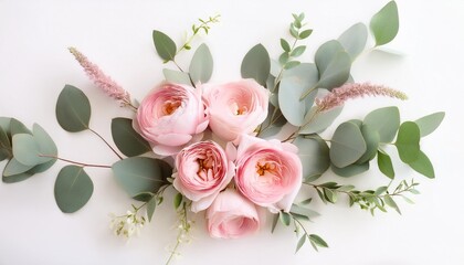 a close up photo of a bouquet of pink watercolor flowers and eucalyptus leaves on a white background