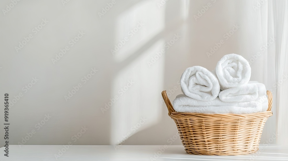 Poster clean, folded white towels are neatly arranged in a woven basket on an empty white table, illuminate