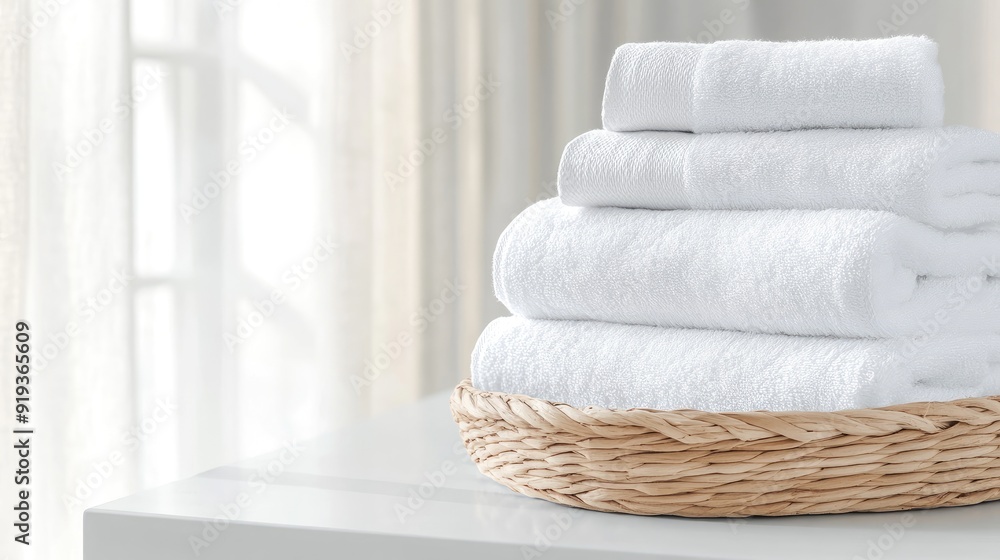 Aufkleber clean, folded white towels are neatly arranged in a woven basket on an empty white table, illuminate