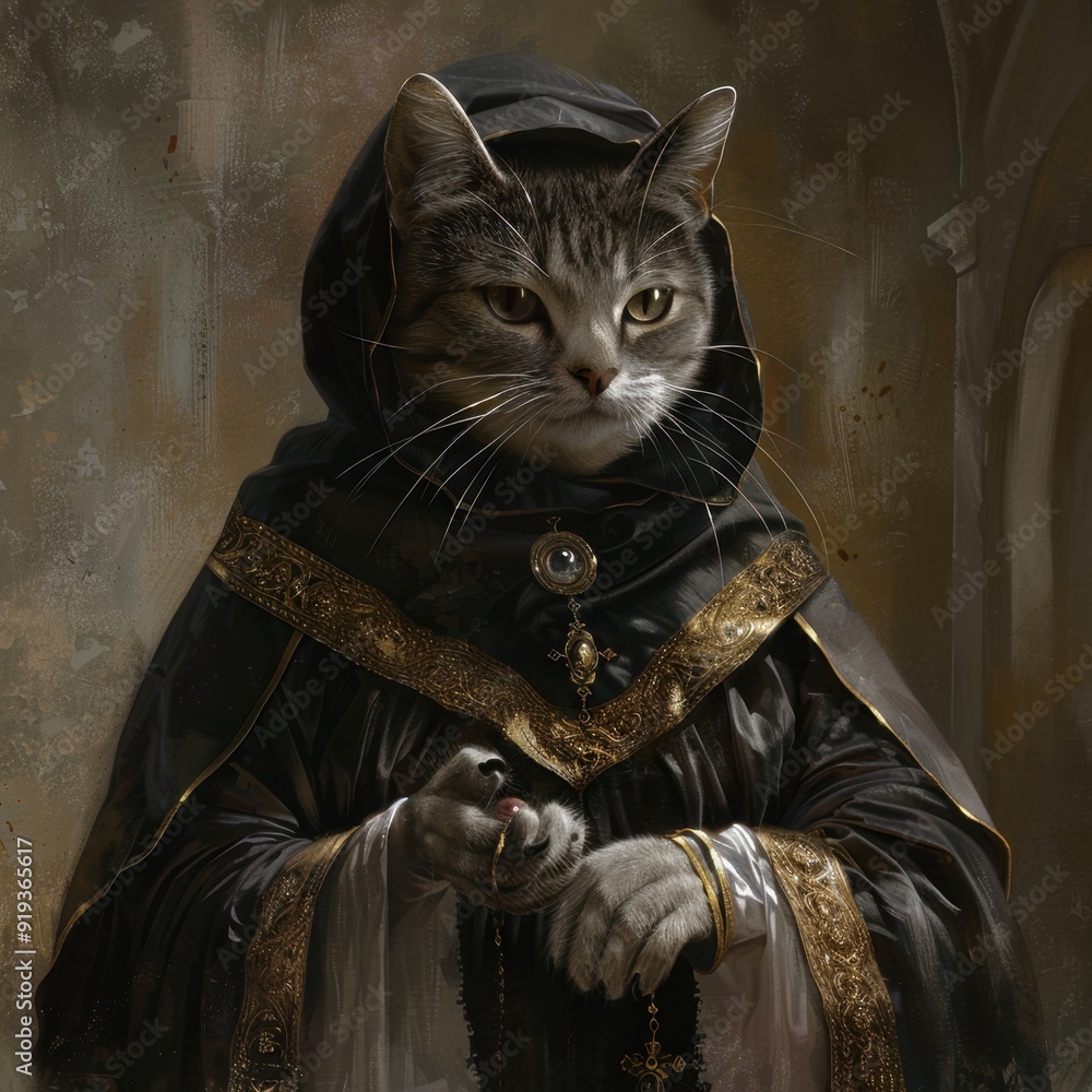 Poster a cat dressed in a medieval costume and holding a rosary