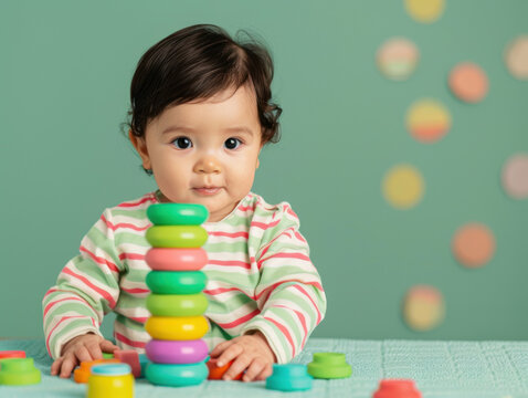 Cute Baby Playing with Colorful Stacking Rings