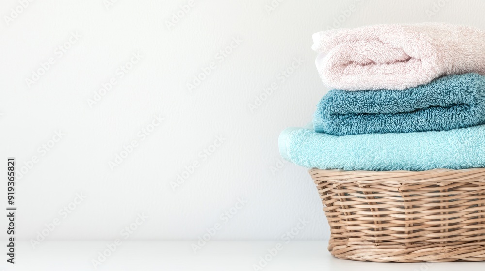 Aufkleber clean, folded white towels are neatly arranged in a woven basket on an empty white table, illuminate