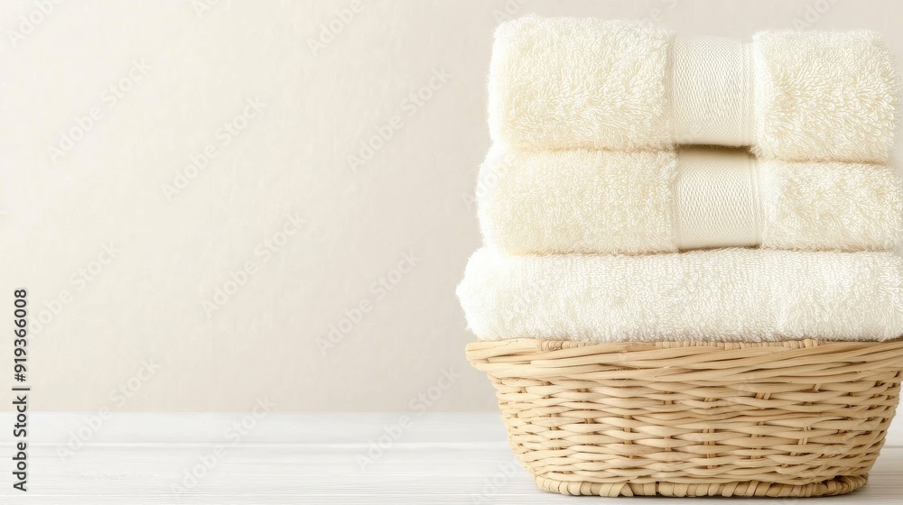 Aufkleber clean, folded white towels are neatly arranged in a woven basket on an empty white table, illuminate