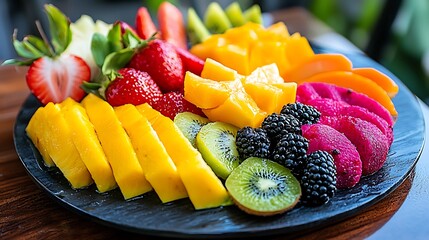 Platter of exotic tropical fruits with vibrant colors and enticing aromas, tropical paradise, fruit indulgence, island flavors, refreshing delight, tropical escape,